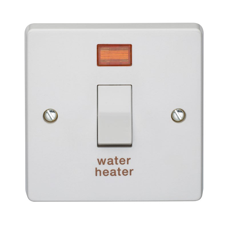 Crabtree 4015/31 1 Gang 20A DP Switch with Neon Engraved 'Water Heater'