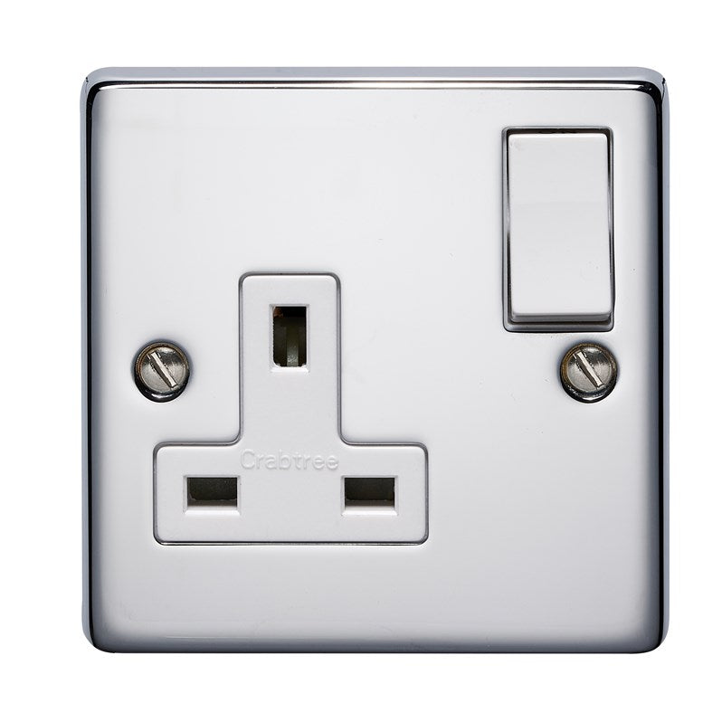 Crabtree 4314/HPC 1 Gang 13A Switched Socket Polished Chrome White Insert