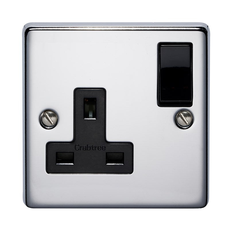 Crabtree 4314/HPCBK 1 Gang 13A Switched Socket Polished Chrome Black Insert