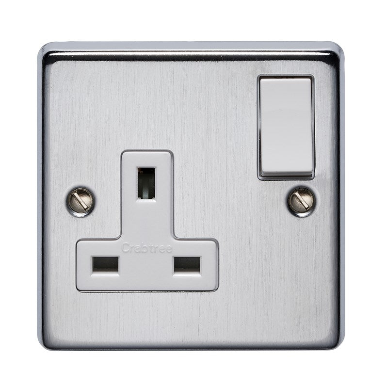 Crabtree 4314/SC 1 Gang 13A Switched Socket Satin Chrome White Insert