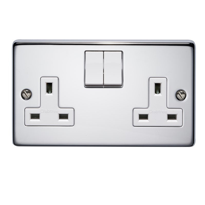 Crabtree 4316/HPC 2 Gang 13A Switched Socket Polished Chrome White Insert