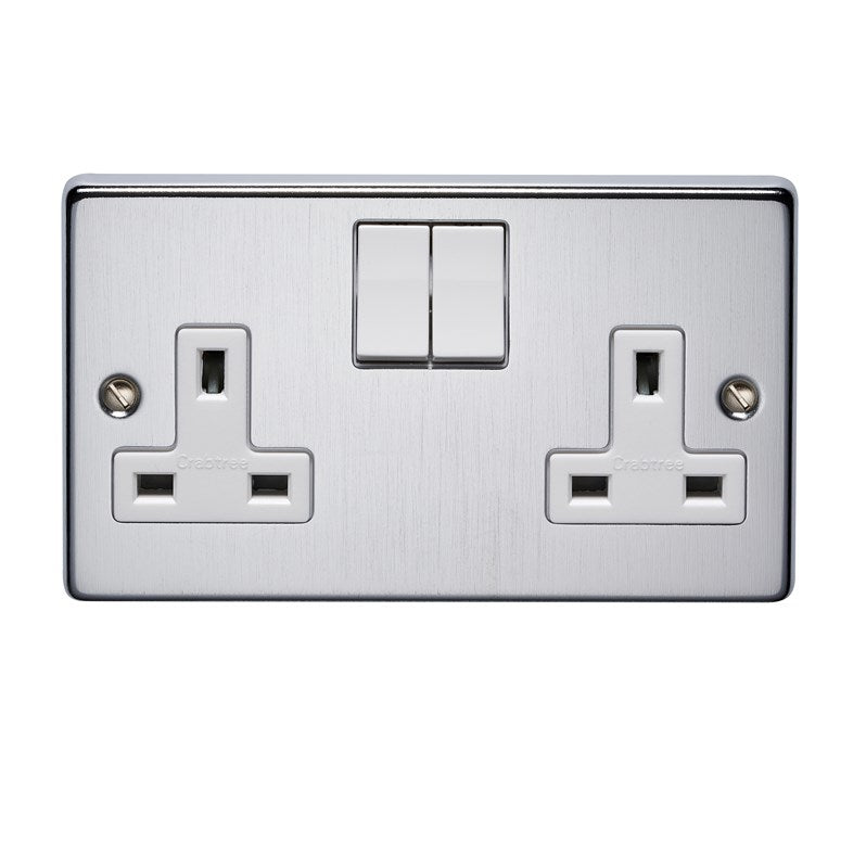 Crabtree 4316/SC 2 Gang 13A Switched Socket Satin Chrome White Insert