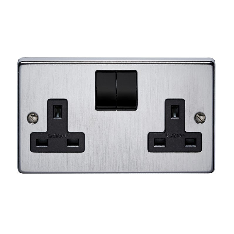 Crabtree 4316/SCBK 2 Gang 13A Switched Socket Satin Chrome Black Insert