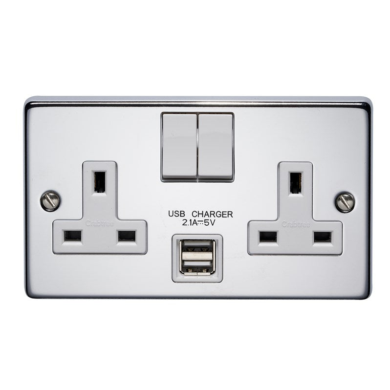 Crabtree 4316/USB/HPC/D 2 Gang 13A DP USB Socket Polished Chrome White Insert