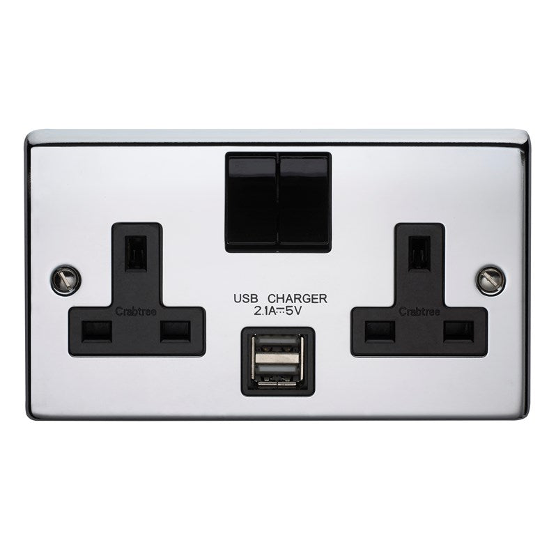 Crabtree 4316/USB/HPCBK/D 2 Gang 13A DP USB Socket Polished Chrome Black Insert