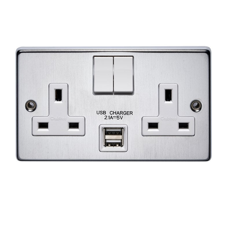 Crabtree 4316/USB/SC/D 2 Gang 13A DP USB Socket Satin Chrome White Insert