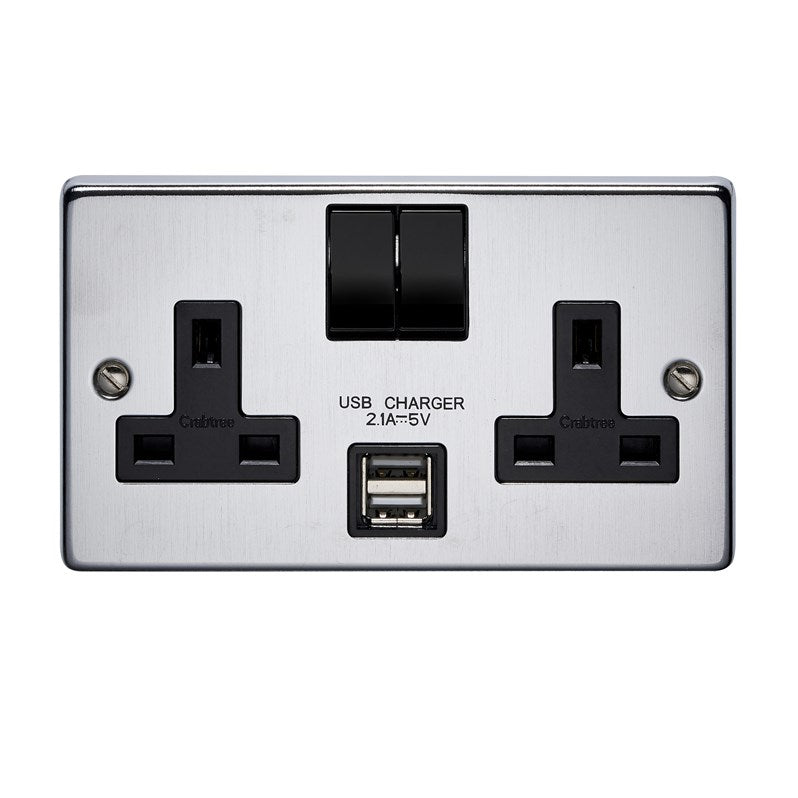 Crabtree 4316/USB/SCBK/D 2 Gang 13A DP USB Socket Satin Chrome Black Insert