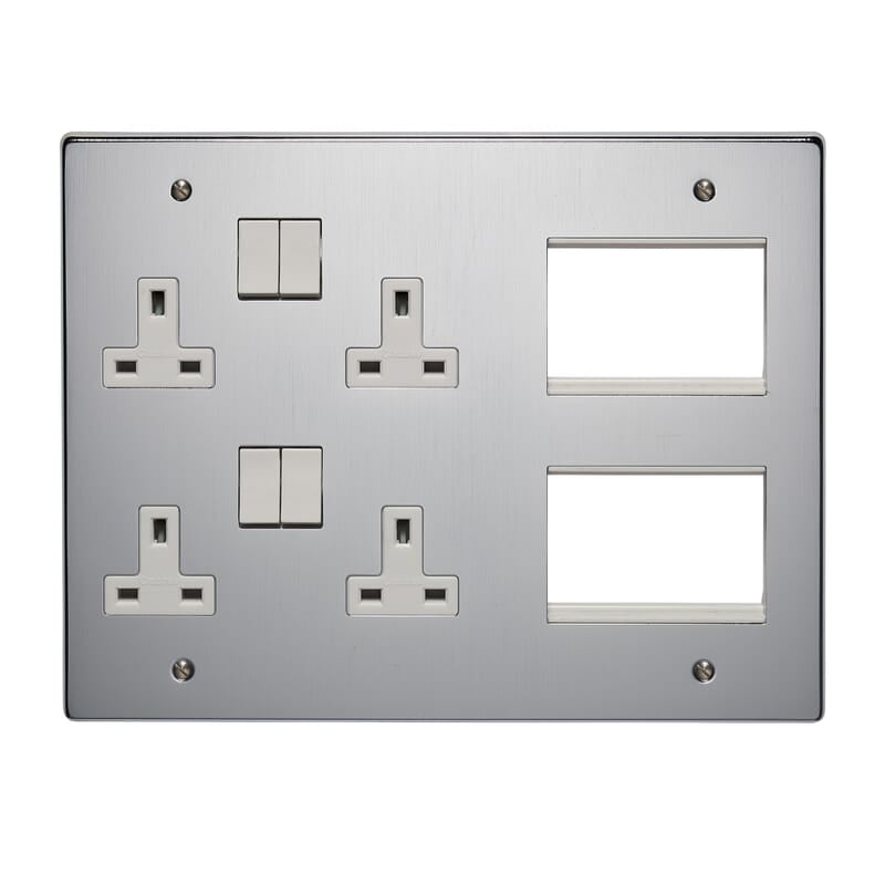 Crabtree 4318/SC 2 x 2 Gang Sockets + 2 x 3 Module Faceplate Satin Chrome White