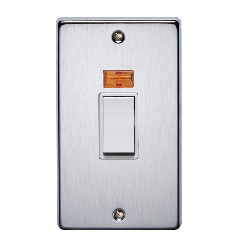 Crabtree 4512/3SC 2 Gang Vertical 50A DP Switch with Neon Satin Chrome White Insert