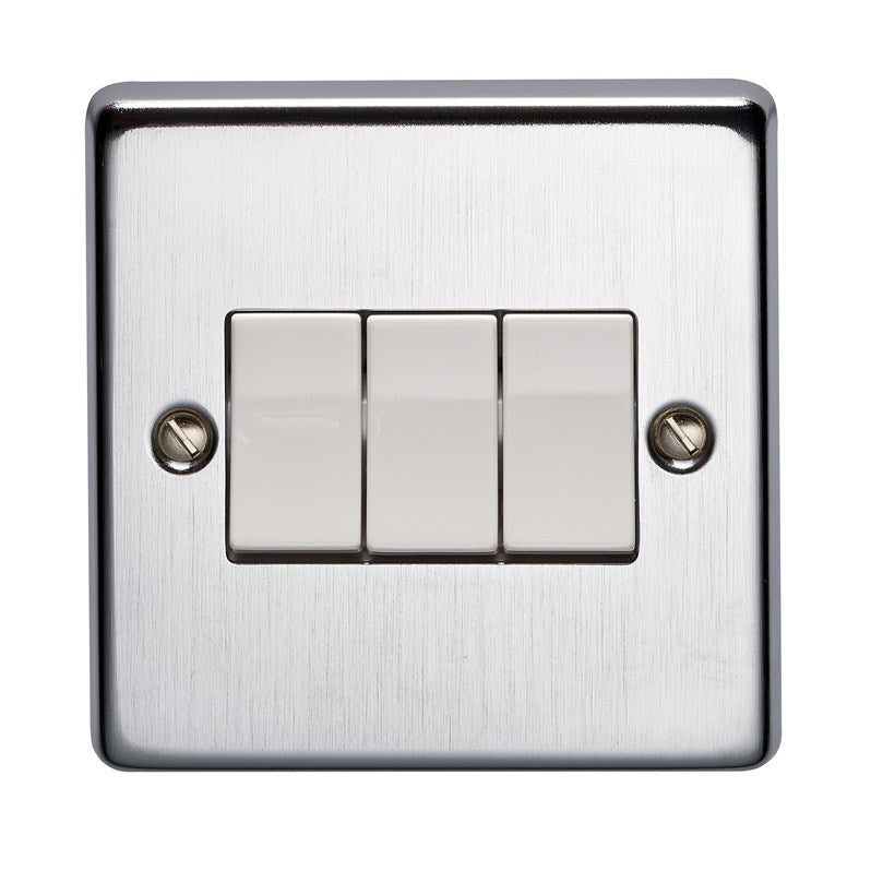 Crabtree 6173/SC 3 Gang 2 Way Switch Satin Chrome White Insert