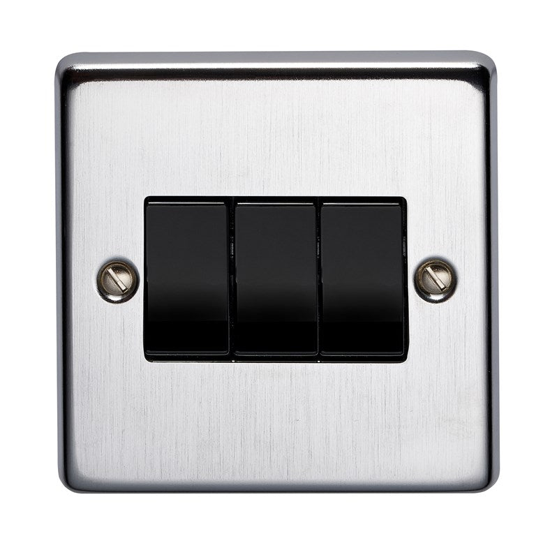 Crabtree 6173/SCBK 3 Gang 2 Way Switch Satin Chrome Black Insert