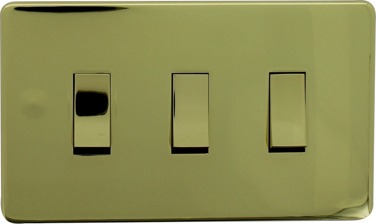 Crabtree 7173/2PB 3 Gang 2 Way Switch (Twin Plate) Polished Brass