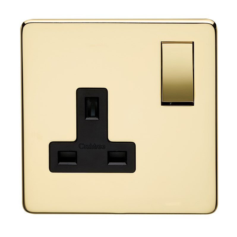 Crabtree 7314/PB 1 Gang 13A DP Switched Socket Polished Brass Black Insert