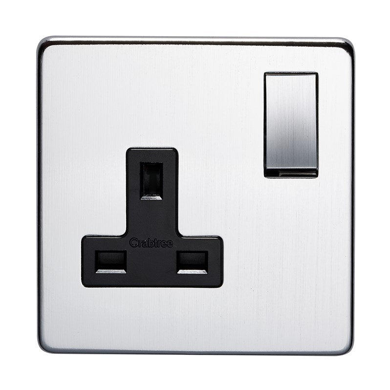 Crabtree 7314/SC 1 Gang 13A DP Switched Socket Satin Chrome Black Insert