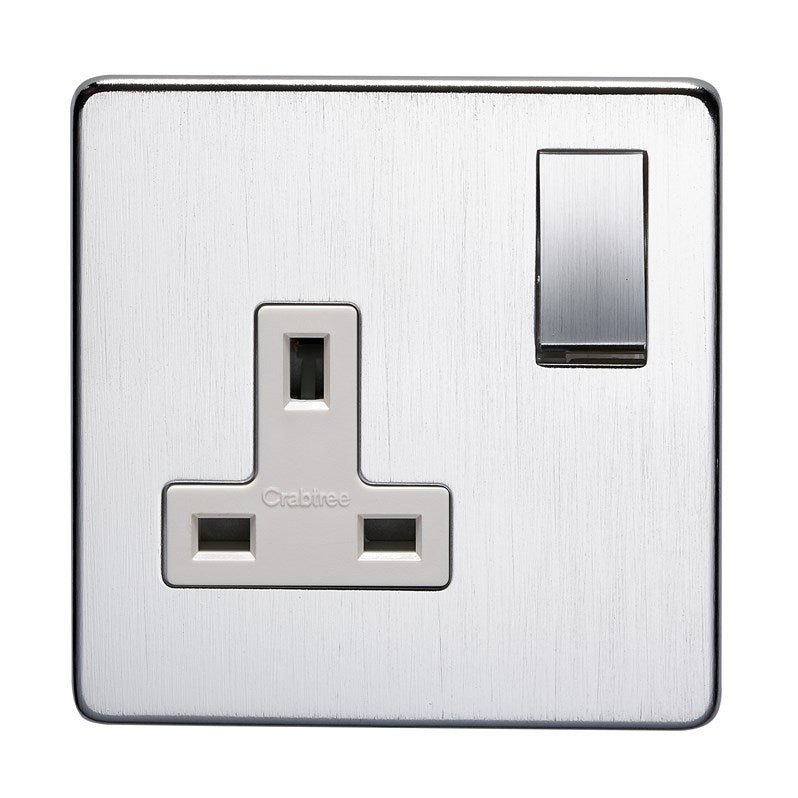 Crabtree 7314/SC/WH 1 Gang 13A DP Switched Socket Satin Chrome White Insert