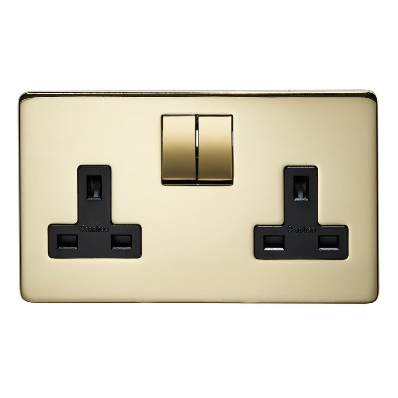 Crabtree 7316/PB 2 Gang 13A DP Switched Socket Polished Brass Black Insert