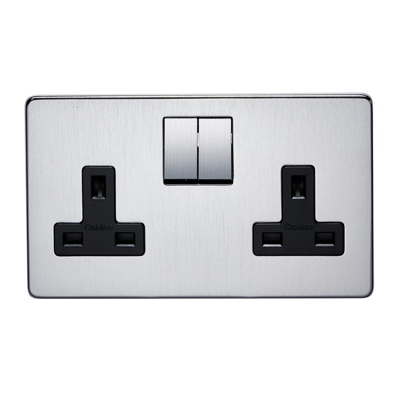 Crabtree 7316/SC 2 Gang 13A DP Switched Socket Satin Chrome Black Insert