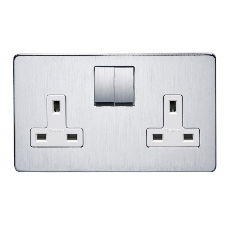 Crabtree 7316/SC/WH 2 Gang 13A DP Switched Socket Satin Chrome White Insert