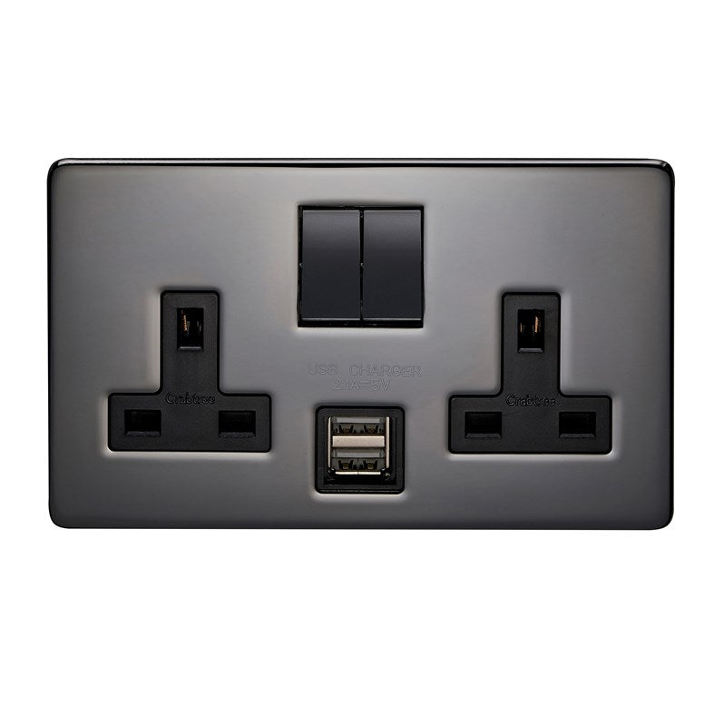 Crabtree 7316USB/BKN/D 2 Gang 13A DP 2.1A USB Socket Black Nickel