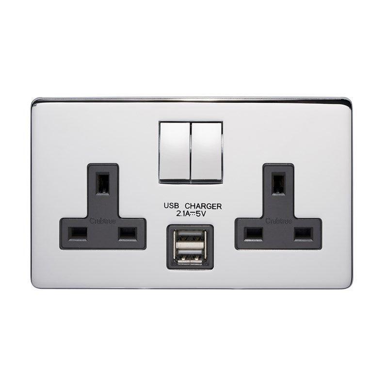 Crabtree 7316USB/HPC/D 2 Gang 13A DP 2.1A USB Socket Polished Chrome Black Insert