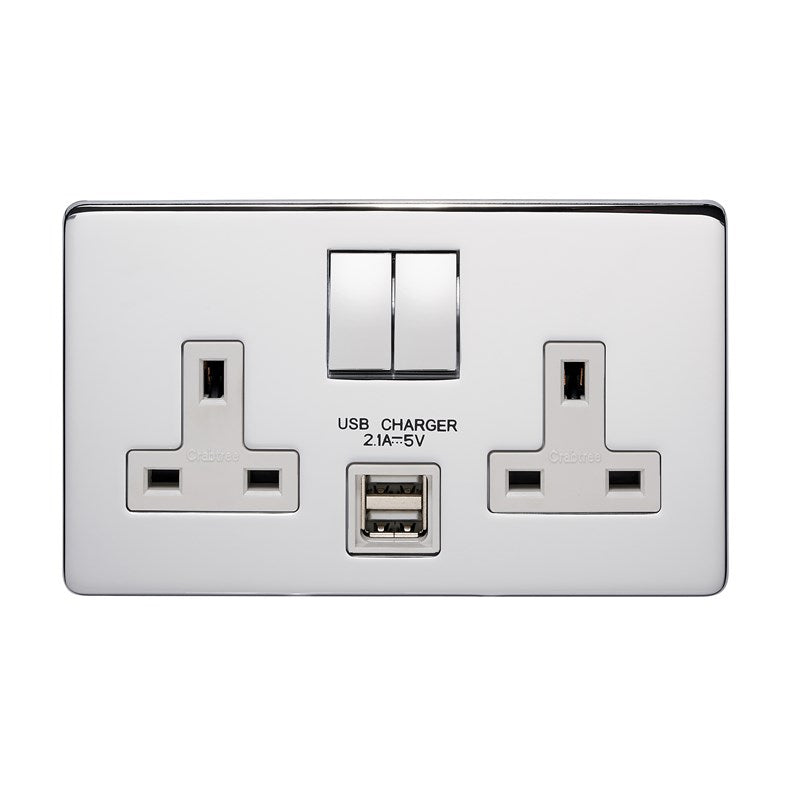 Crabtree 7316USB/HPC/WH/D 2 Gang 13A DP USB Socket Polished Chrome White Insert