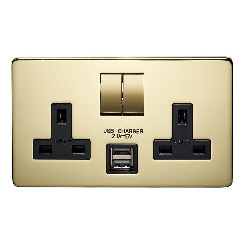 Crabtree 7316USB/PB/D 2 Gang 13A DP USB Socket Polished Brass Black Insert