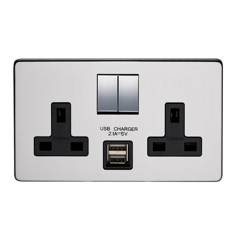 Crabtree 7316USB/SC/D 2 Gang 13A DP USB Socket Satin Chrome Black Insert