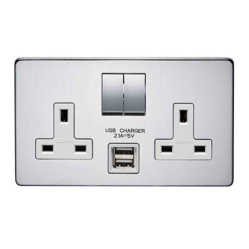 Crabtree 7316USB/SC/WH/D 2 Gang 13A DP USB Socket Satin Chrome White Insert