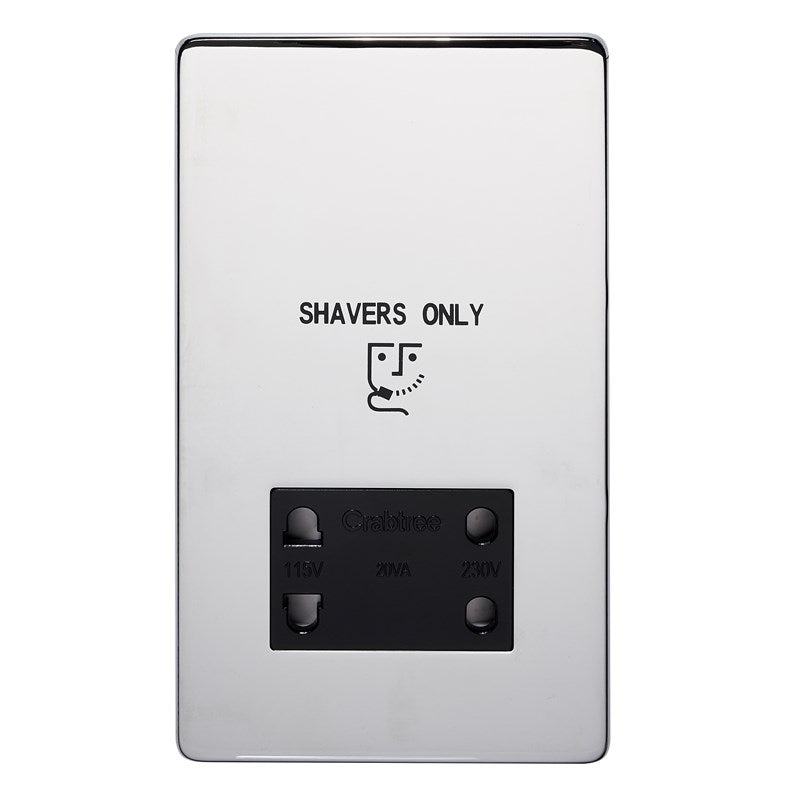 Crabtree 7411/HPC 110/240V Shaver Socket Polished Chrome Black Insert