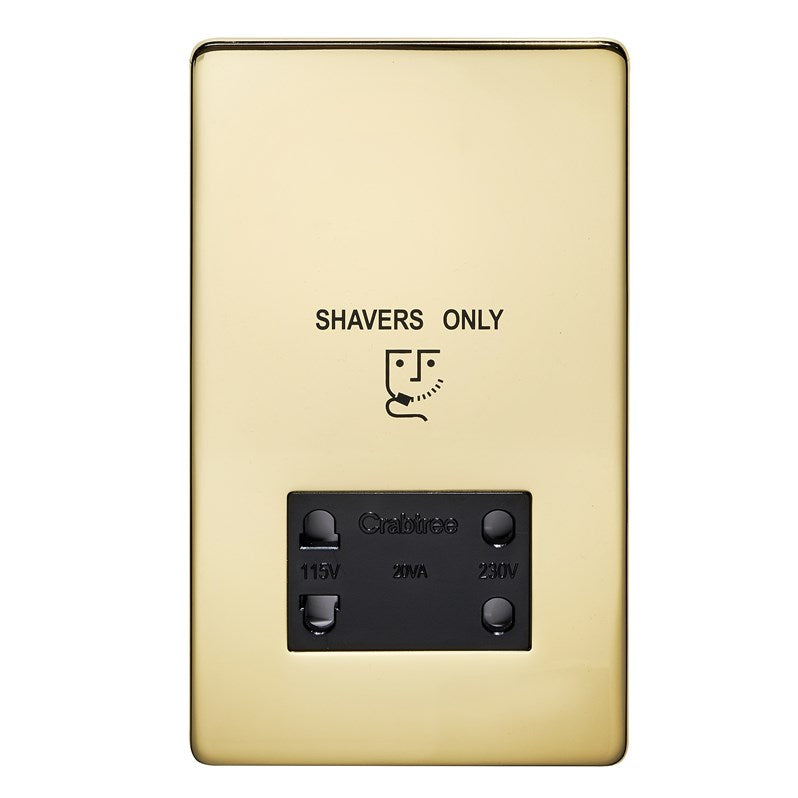 Crabtree 7411/PB 110V/240V Shaver Socket Polished Brass Black Insert