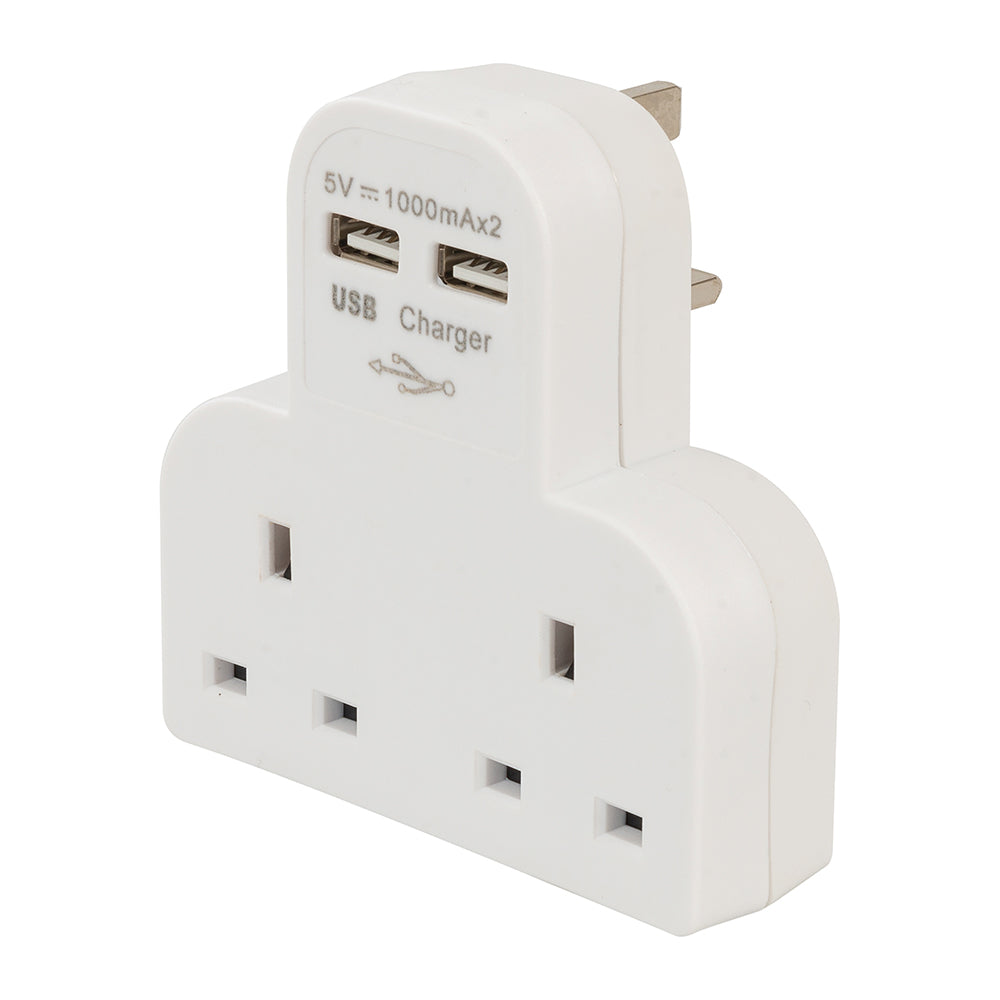 Powermaster 819066 13A Dual T Adaptor with 2.1A USB Outlet (shared)