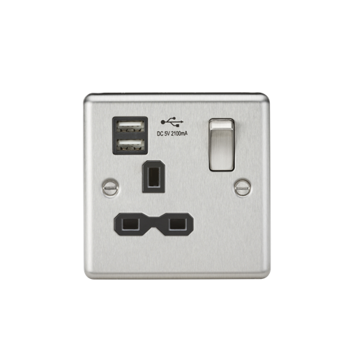 Knightsbridge CL91BC 1 Gang 13A Switched 2.1A USB Socket Brushed Chrome Black Insert