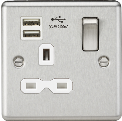 Knightsbridge CL91BCW 1 Gang 13A Switched 2.1A USB Socket Brushed Chrome White Insert