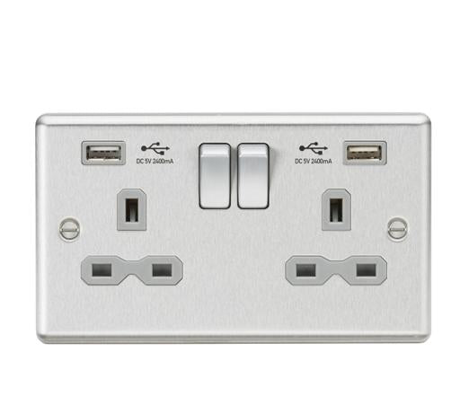 Knightsbridge CL9224BCG 2 Gang 13A DP Switched USB Socket Brushed Chrome Grey Insert