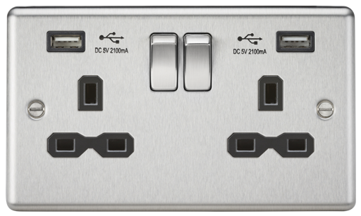 Knightsbridge CL9224BC 2 Gang 13A DP Switched USB Socket Brushed Chrome Black Insert