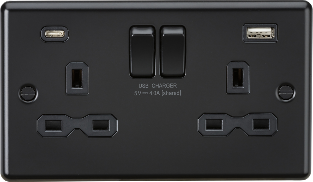 Knightsbridge CL9940MBB 2 Gang 13A Type A + C 4A (5VDC) USB Socket Matt Black