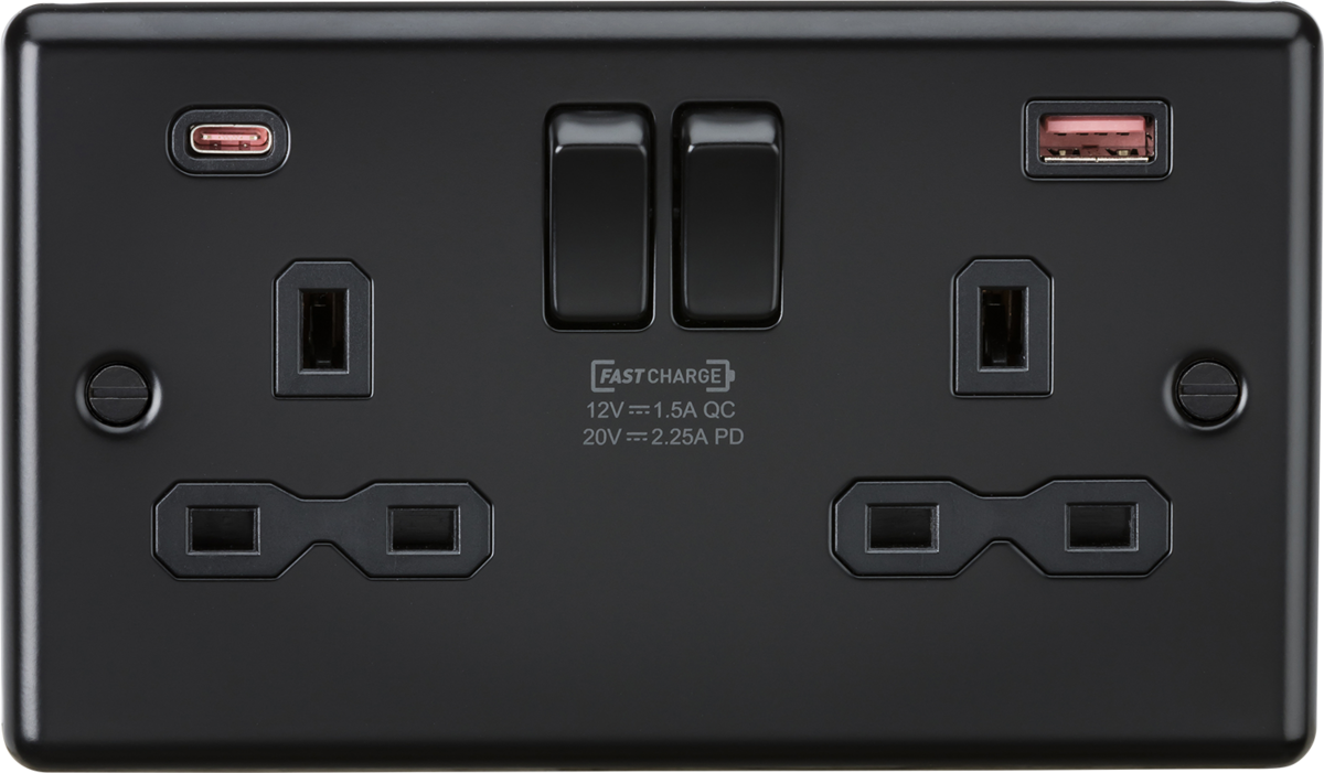 Knightsbridge CL9945MBB 2 Gang 13A DP Type A + C 2.25A (20VDC) USB Socket Matt Black