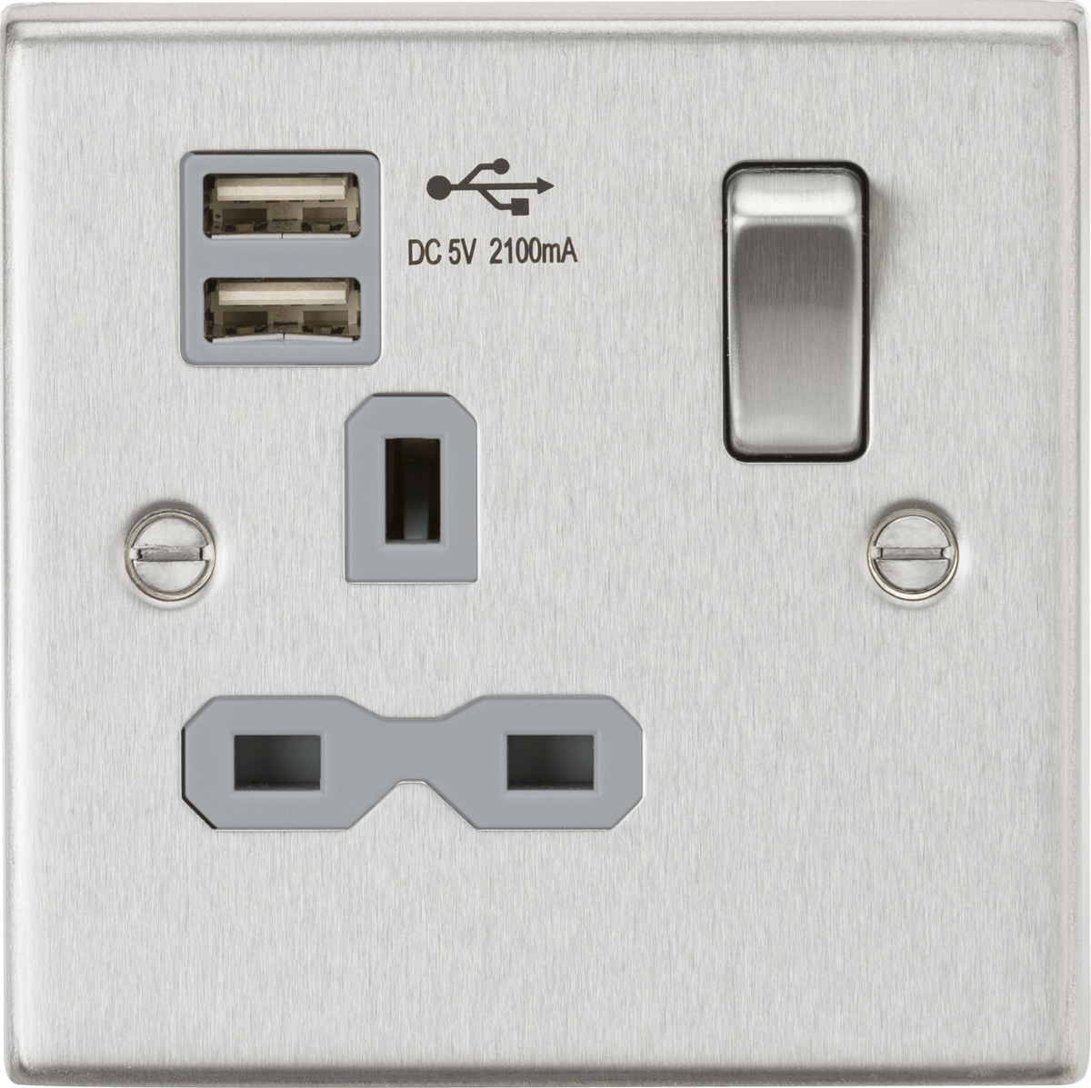 Knightsbridge CS9124BCG 1 Gang 13A DP Switched USB Socket Brushed Chrome Grey Insert