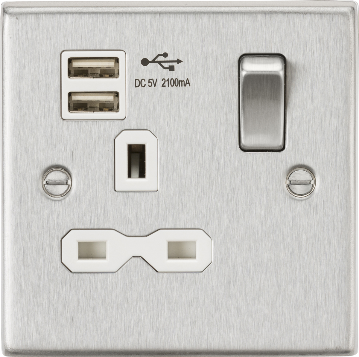 Knightsbridge CS9124BCW 1 Gang 13A DP Switched USB Socket Brushed Chrome White Insert