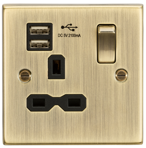 Knightsbridge CS91AB 1 Gang Switched 2.1A USB Socket Antique Brass