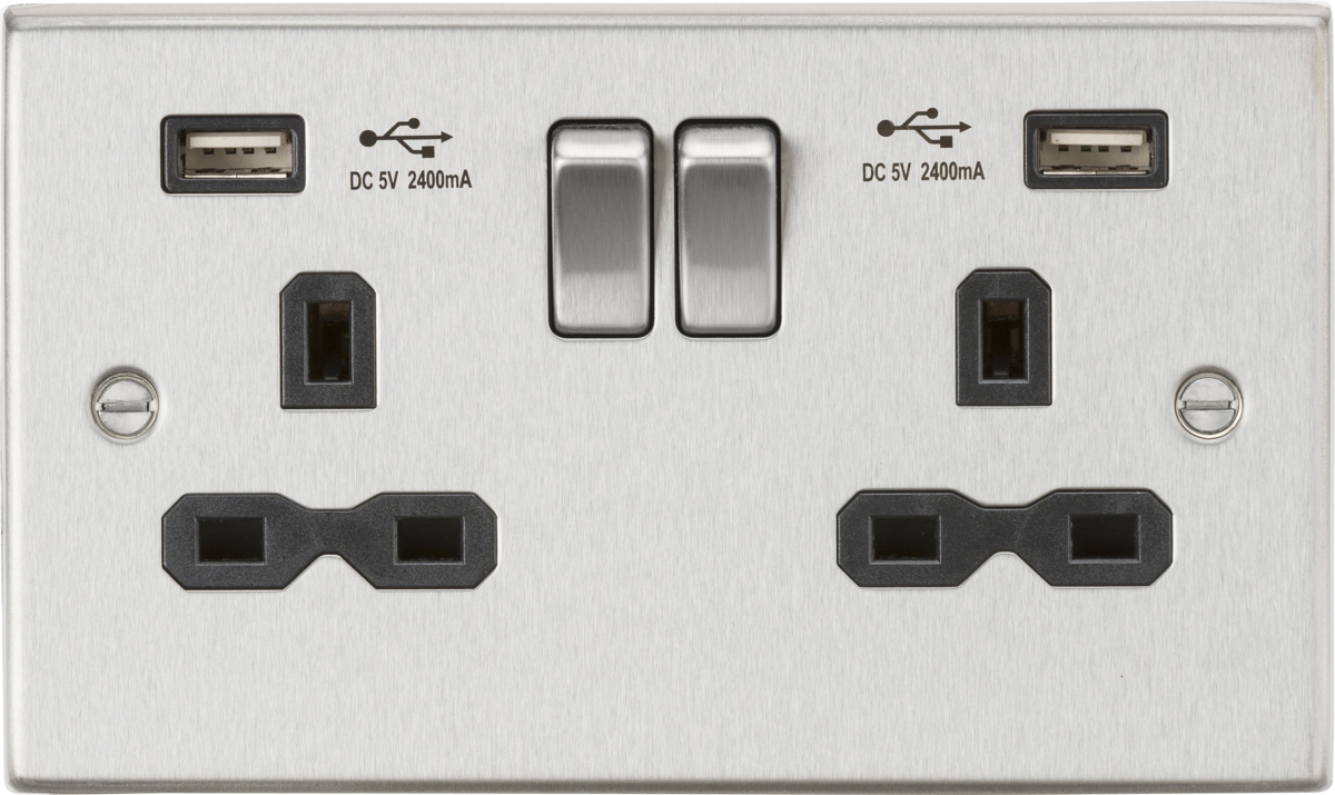 Knightsbridge CS9224BC 2 Gang 13A DP Switched USB Socket Brushed Chrome Black Insert