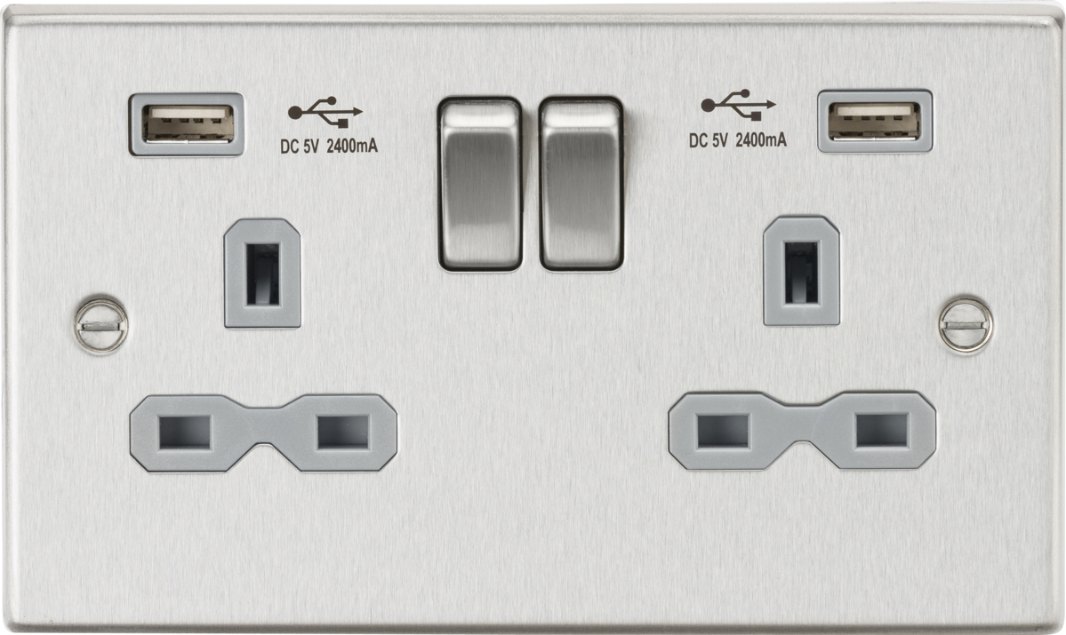 Knightsbridge CS9224BCG 2 Gang 13A DP Switched USB Socket Brushed Chrome Grey Insert