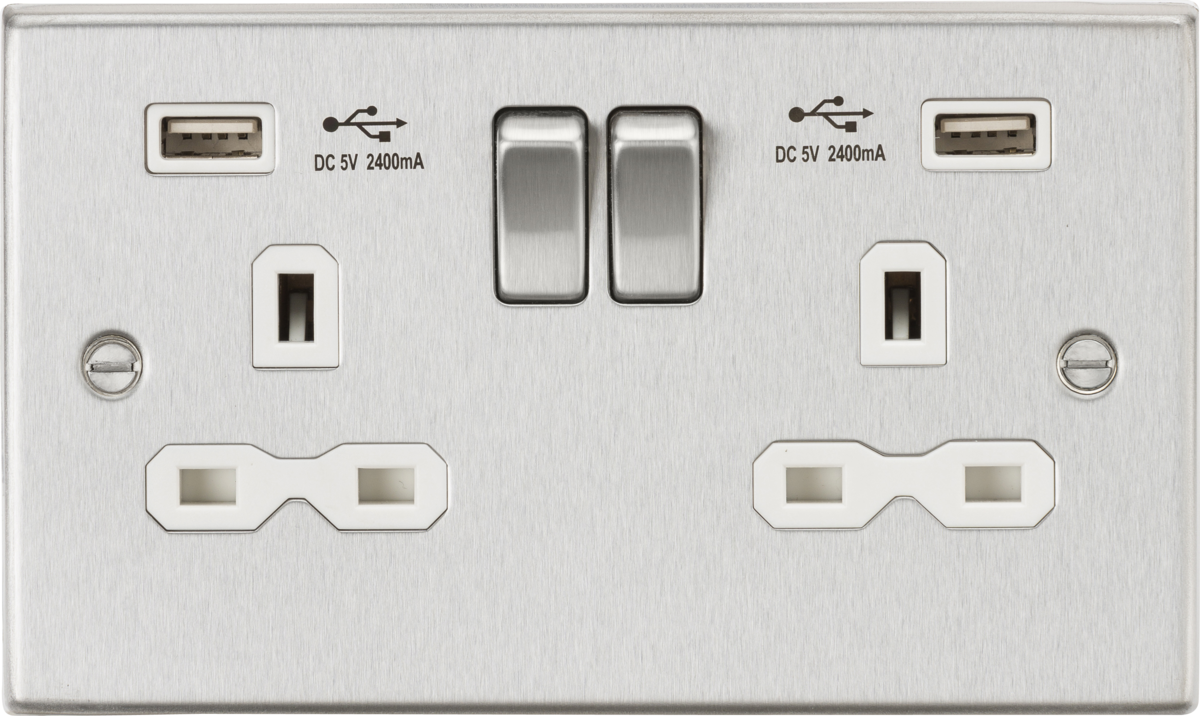 Knightsbridge CS9224BCW 2 Gang 13A DP Switched USB Socket Brushed Chrome White Insert