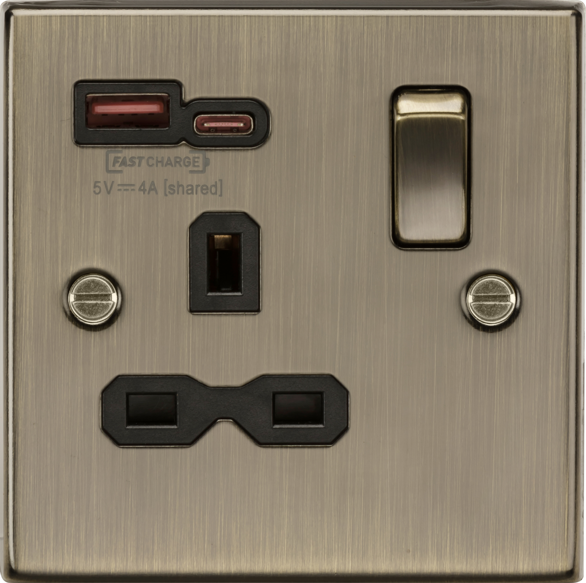 Knightsbridge CS9919AB 1 Gang 13A DP Type A + C 1.5A (12VDC) USB Socket Antique Brass Black Insert