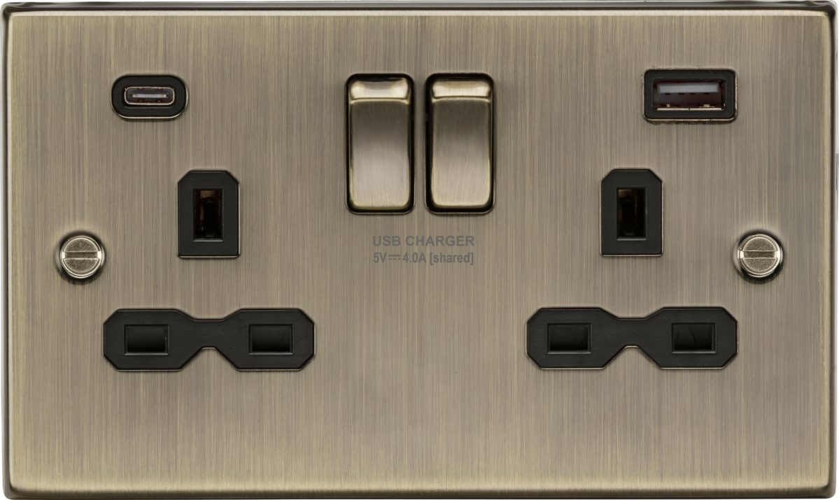 Knightsbridge CS9940AB 2 Gang 13A Type A + C 4A (5VDC) USB Socket Antique Brass Black Insert