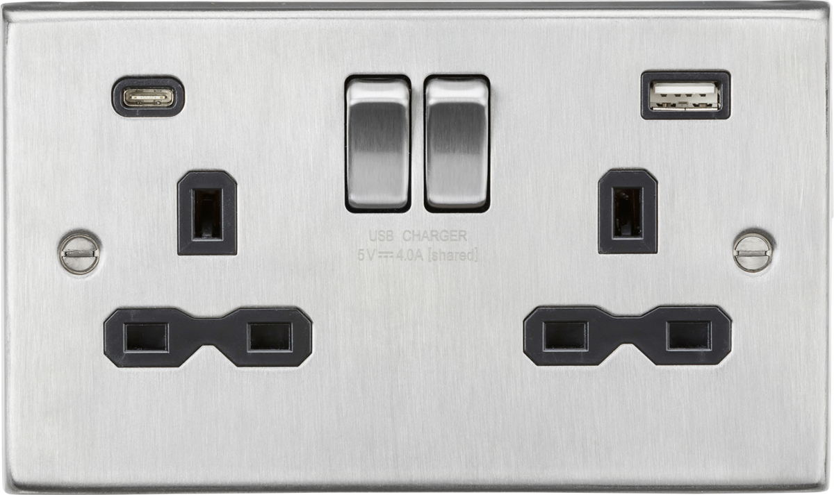 Knightsbridge CS9940BC 2 Gang 13A Type A + C 4A (5VDC) USB Socket Brushed Chrome Black Insert