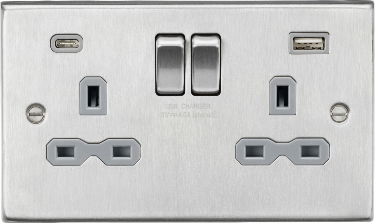 Knightsbridge CS9940BCG 2 Gang 13A Type A + C 4A (5VDC) USB Socket Brushed Chrome Grey Insert