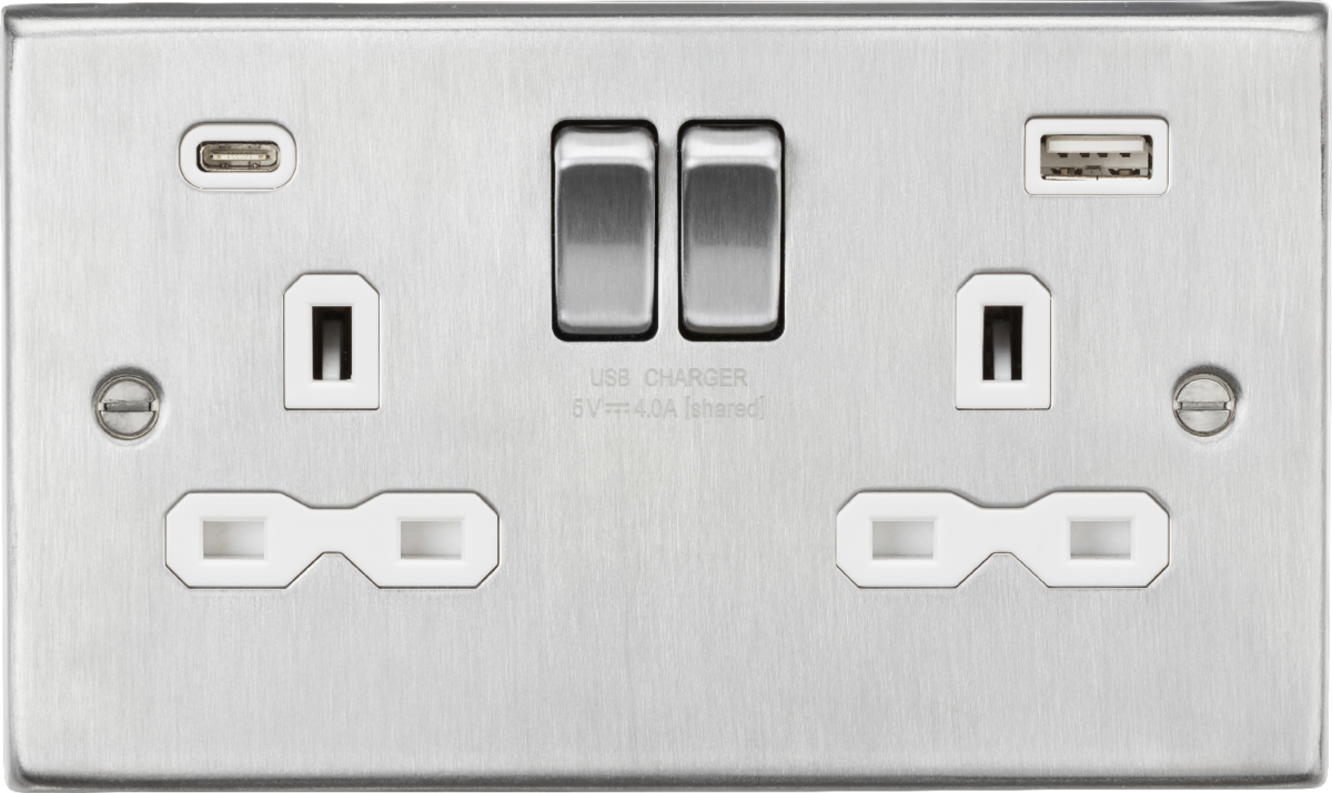 Knightsbridge CS9940BCW 2 Gang 13A Type A + C 4A (5VDC) USB Socket Brushed Chrome White Insert