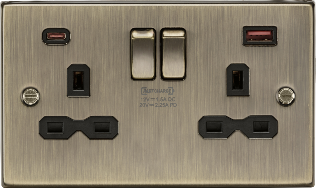 Knightsbridge CS9945AB 2 Gang 13A DP Type A + C 2.25A (20VDC) USB Socket Antique Brass Black Insert