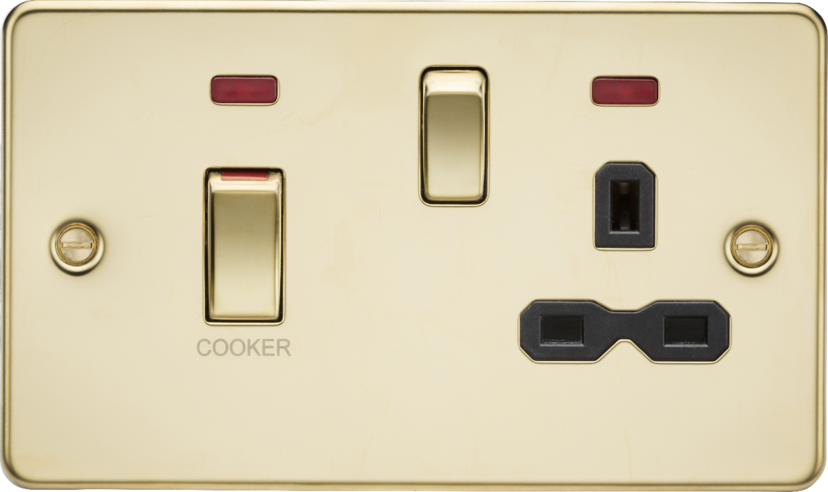 Knightsbridge FPR83MNPB 2 Gang 45A DP Cooker Control Unit with Neon Polished Brass Black Insert